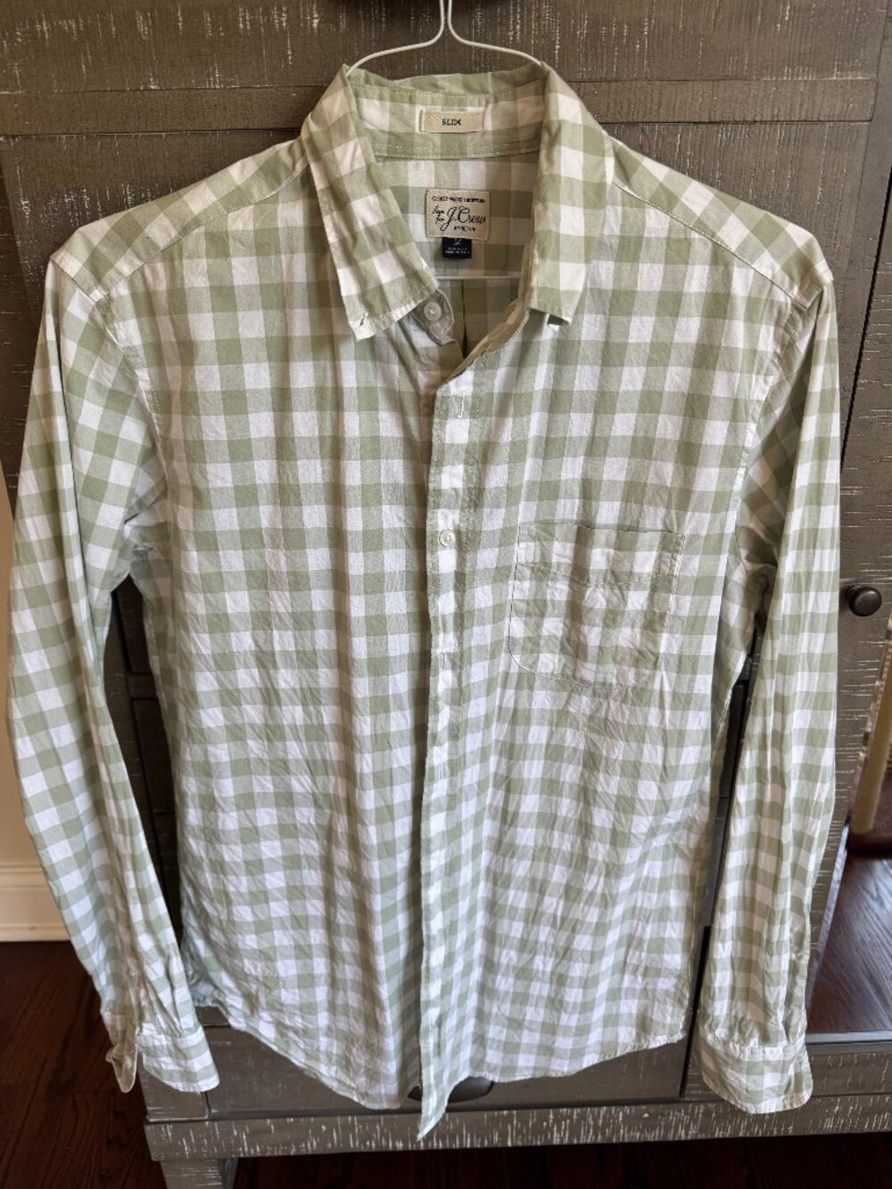J.Crew Secret Wash Stretch Slim Sage White Gingham Shirt M